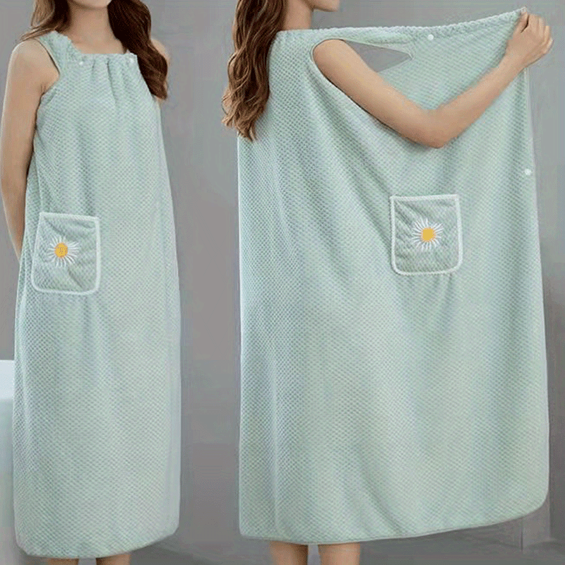 Light Blue Extra-Long Coral Fleece Bath Towel with Daisy Pocket - Super Absorbent, Machine Washable, Soft & Durable for Bathroom Use, Robe Wear | Detailing | Light Blue Coral Fleece